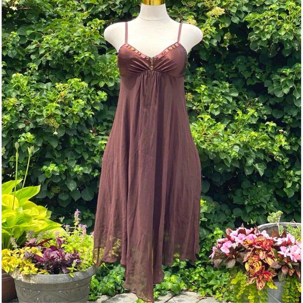 100 Silk Y2K Brown Asymmetric Gemstone Sweetheart Neck Whimsigoth Midi Dress - 6